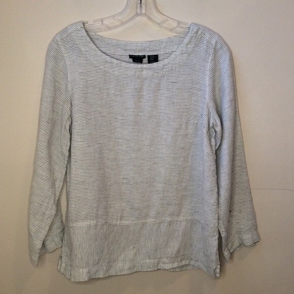 TAHARI XS WHITE LINEN NAUTICAL SKINNY STRIPE TOP - Picture 2 of 6